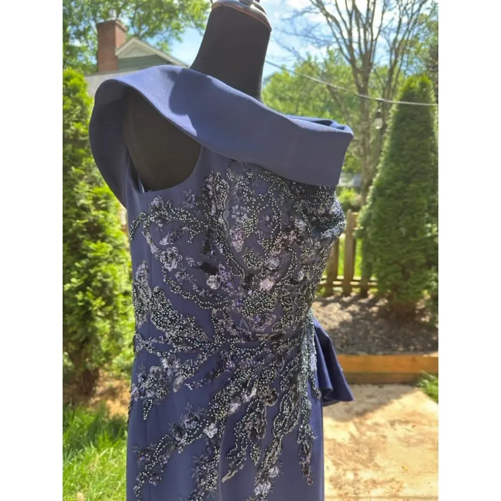 Feriani Couture Navy Off Shoulder Gown Size 16 Sequin Evening Dress - Picture 2 of 11